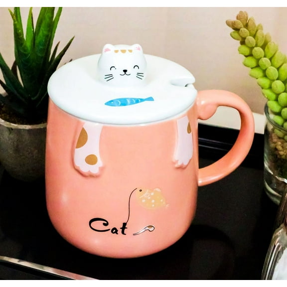 Pack Of 2 Pink Calico Cat Catching Fish Tea Coffee Mug With Lid And Spoon 15oz
