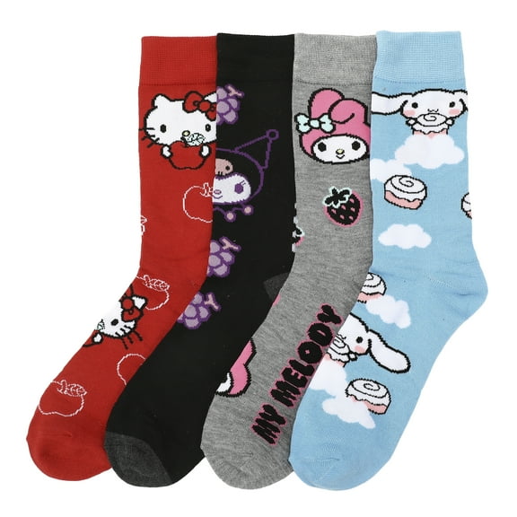 Hello Kitty Character Patterns Adult 4-Pack Casual Crew Socks-OSFA