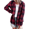 thumbnail image 4 of Xuanfei Women Plaid Shirt Single-Breasted Drawstring Hoodie Long Sleeve Outwear, 4 of 4