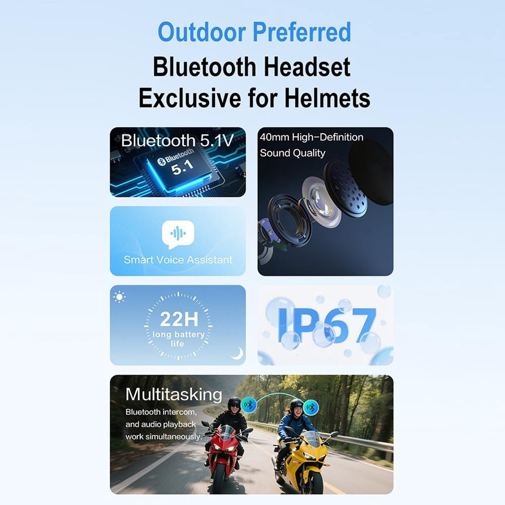 1 Pack Motorcycle Helmet Headset Bluetooth Intercom 2-Way Communication System, 1000m Range, IP67 Waterproof