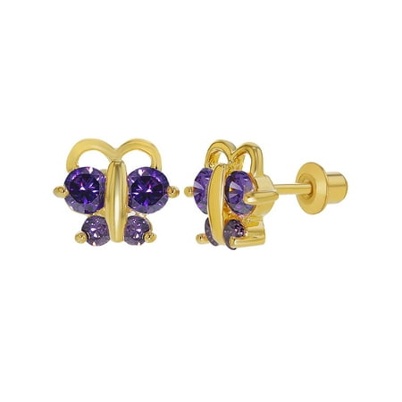 18k Gold Plated Purple Crystal Tiny Butterfly Screw Back Earrings Children Kids