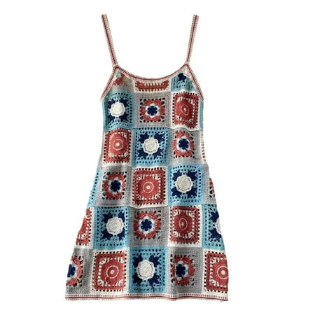 

Women Beach Crochet Spaghetti Strap Midi Cami Dress Boho Hollow Out Knitted Colorful Floral Backless A-Line Sundress