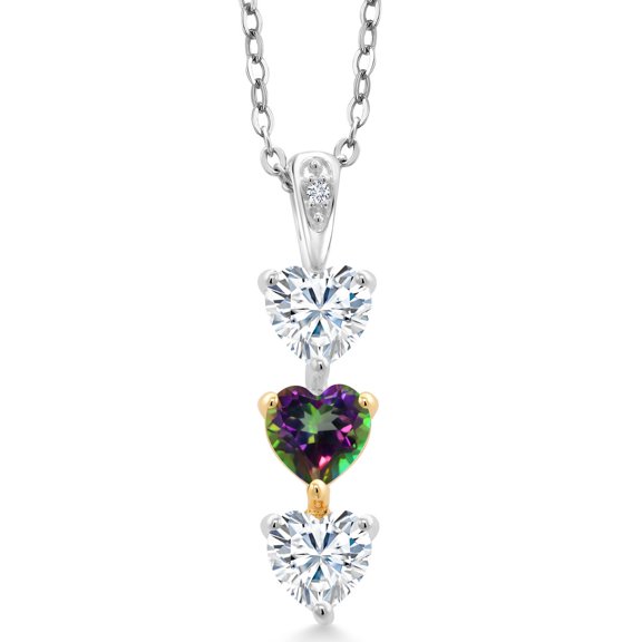 Gem Stone King Keren Hanan Lab Grown Diamond 3 Stone Heart Shape Pendant with Chain 925 Silver and 10K Yellow Gold Set with Moissanite (1.61 Cttw)