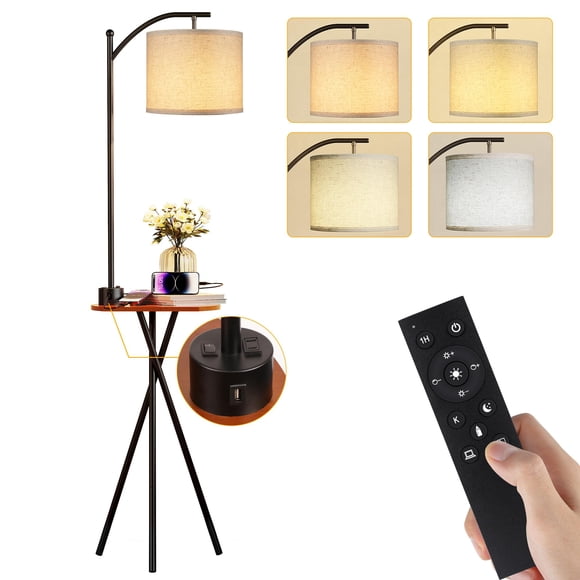 ROTTOGOON Lampe sur Pied avec Table, Lampe de Bout avec Télécommande et Station de Recharge (Port USB A et Type-C et AC), 4 Températures de Couleur, Lampes sur Pied