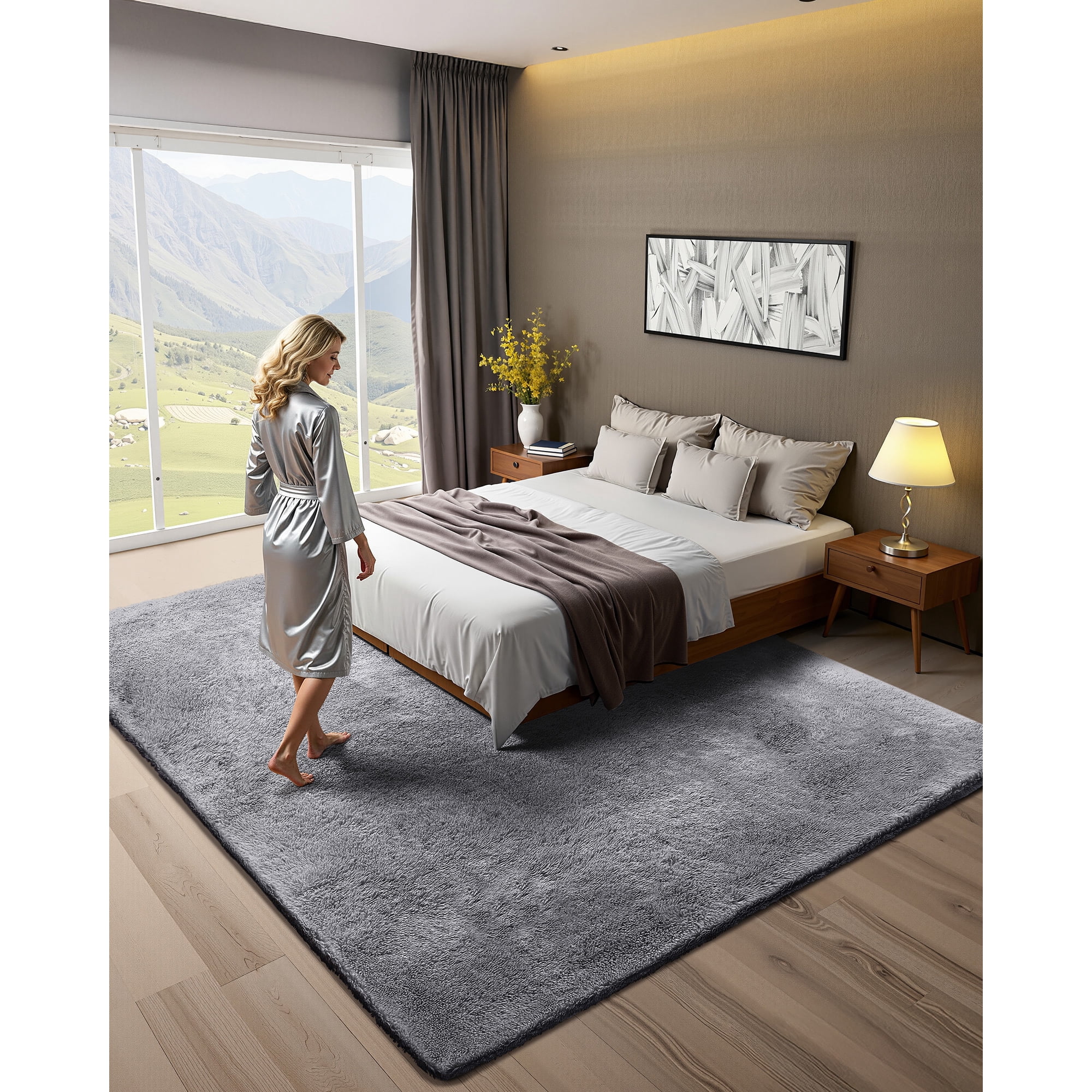 KFFKFF Indoor Plush Area Rugs, 8 x 10 ft Soft Shag Carpet, Furry Area Rugs for Living Room, Bedroom, Sunroom, Modern Home Decor, Non-Shedding, Non-Woven, Slip-Resistant, Smoke Gray