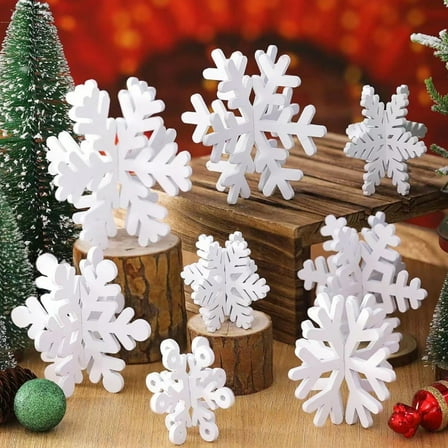 FastXmas 8 Pcs Set White Snowflakes Ornaments,3.15 Inch Christmas Wooden Snowflake Tabletop Decorations,Christmas Snowflake Ornament for Winter Home Tree Garland Christmas Decoration Holiady Crafts