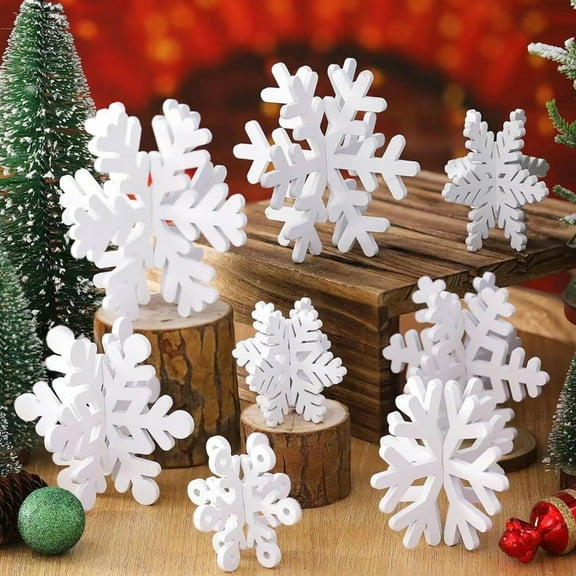 8 Pcs Winter Wooden Snowflake Decor Christmas Winter Snowflake Tabletop Decorations 3D Snow Table Signs Standing Centerpiece Tiered Tray Decorations for Party