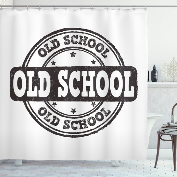Old School Shower Curtain, Monochrome Grunge Style Retro Look with Typography Illustration, Fabric Bathroom Set with Hooks, 69W X 70L Inches, Dark Maroon and Multicolor, by Ambesonne