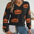 thumbnail image 2 of YDFCWXW Halloween Sweater for Women Pumpkin Face Print Ribbed Knit Pullover Tops Long Sleeve V Neck Sweaters Fall Winter Fashion Clothes (Black, L), 2 of 8