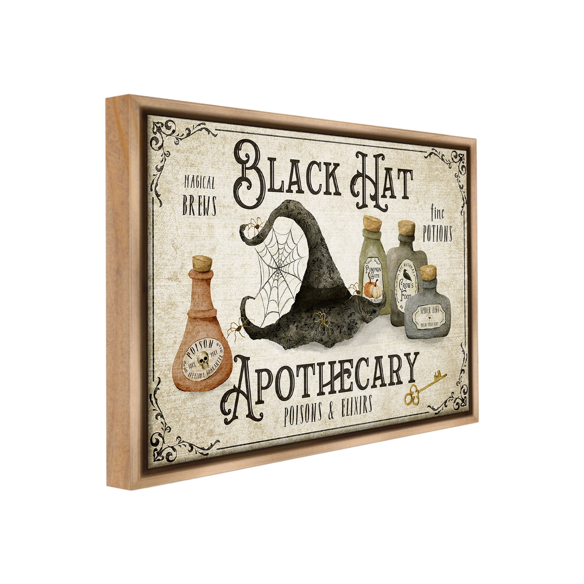Stupell Industries Vintage Black Hat Apothecary Holiday Painting Brown Floater Framed Canvas Art Print Wall Art, 31 x 25