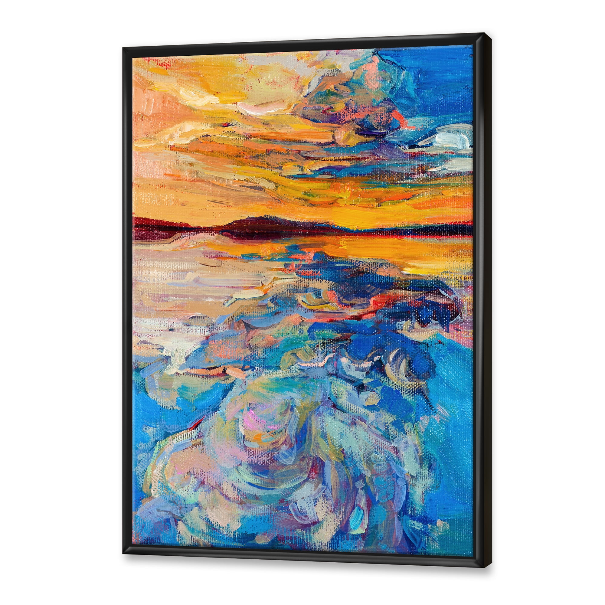 Designart 'Whirly Blue Waves Under Orange Sunset' Nautical & Coastal Framed Canvas Wall Art Print