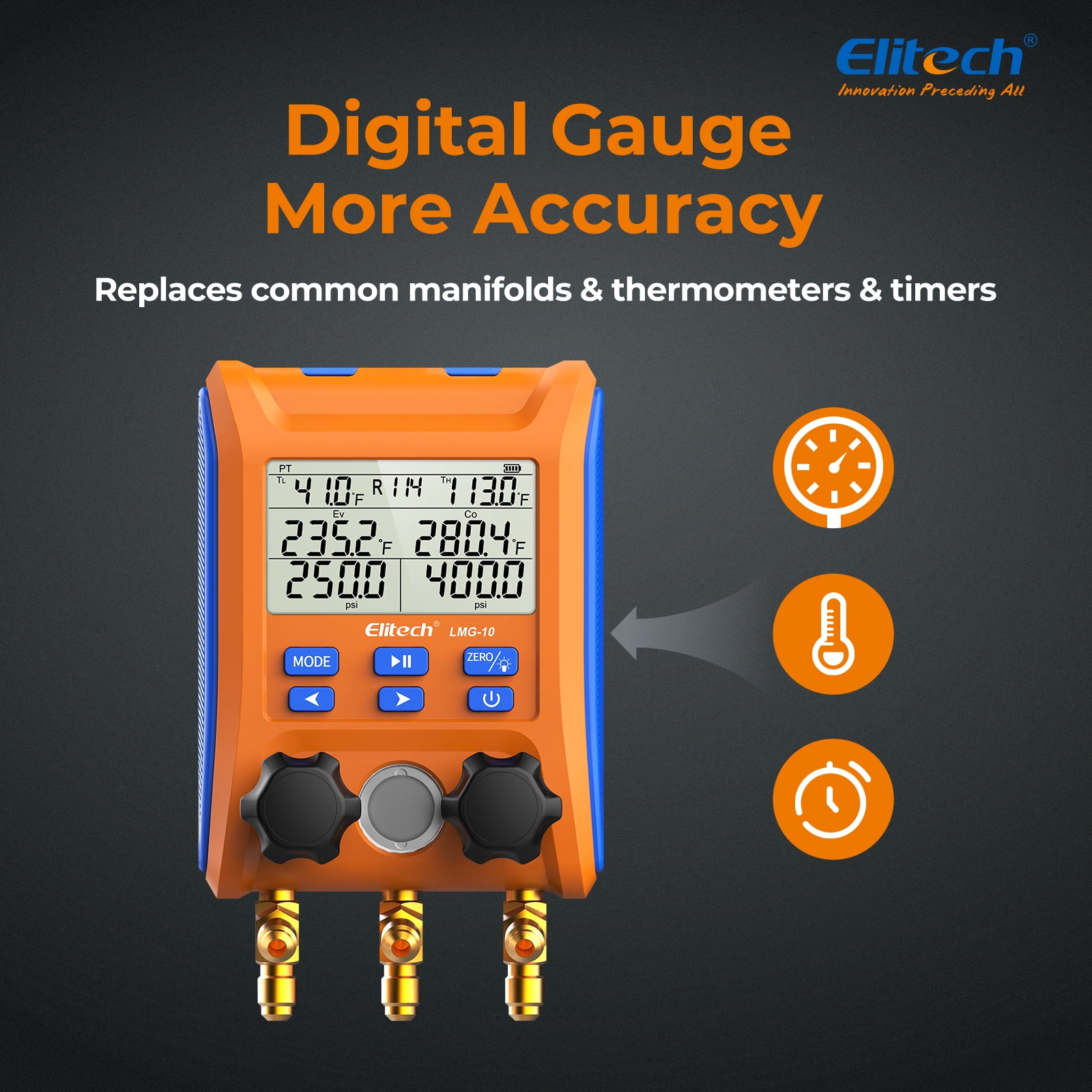 Elitech Digital Manifold Gauge 2-Way Valve with Thermometer Clamps for HVAC Systems, LMG-10Plus