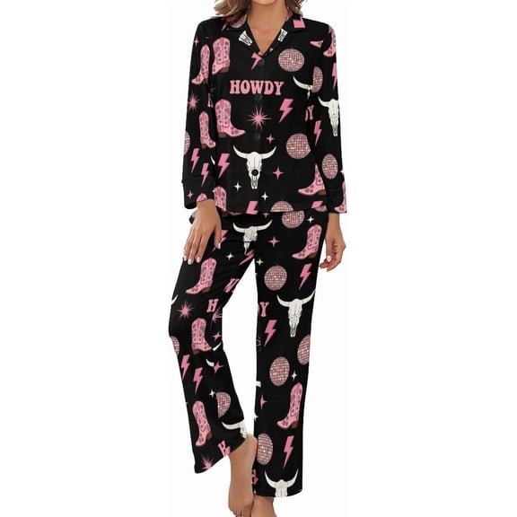 Top-kevin Pajama Sets for Womens Cowboy Boots Disco Balls Loose Button Down Long Sleeve Shirts And Pants Set