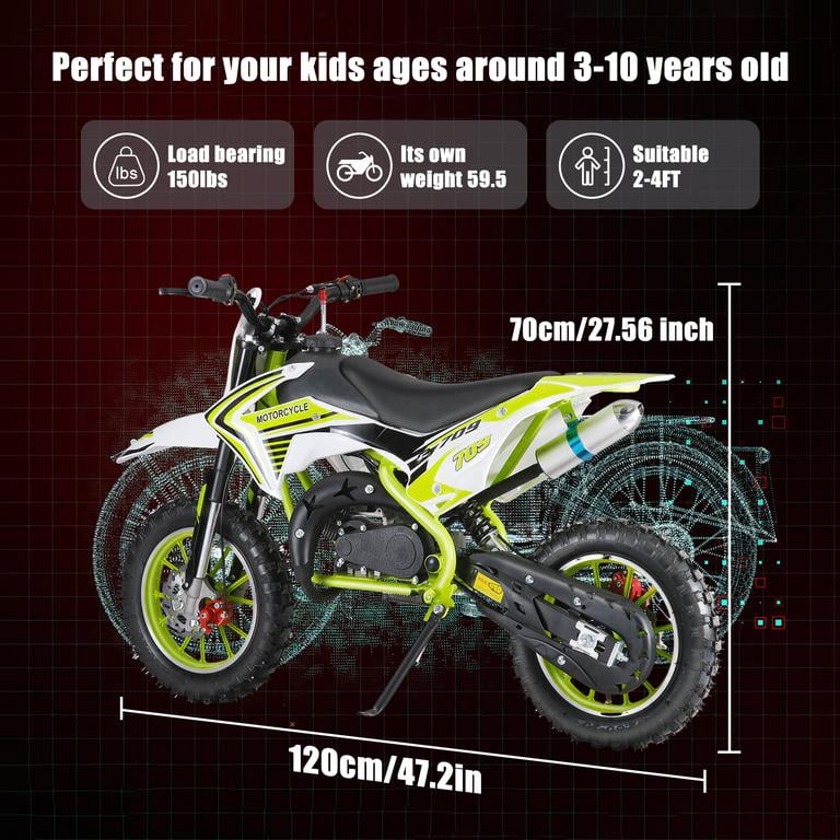 Dirt Bikes 49cc 2-Stroke, Dirt Bike for Kids Pull Start Off-Road Motorcycle 30KM/H Shock Absorption Green