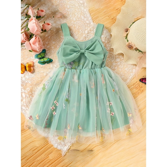 Zehjuhan Toddler Girl Dress Sleeveless Floral Playwear Bowknot Tulle Dresses Strap Princess Sundress