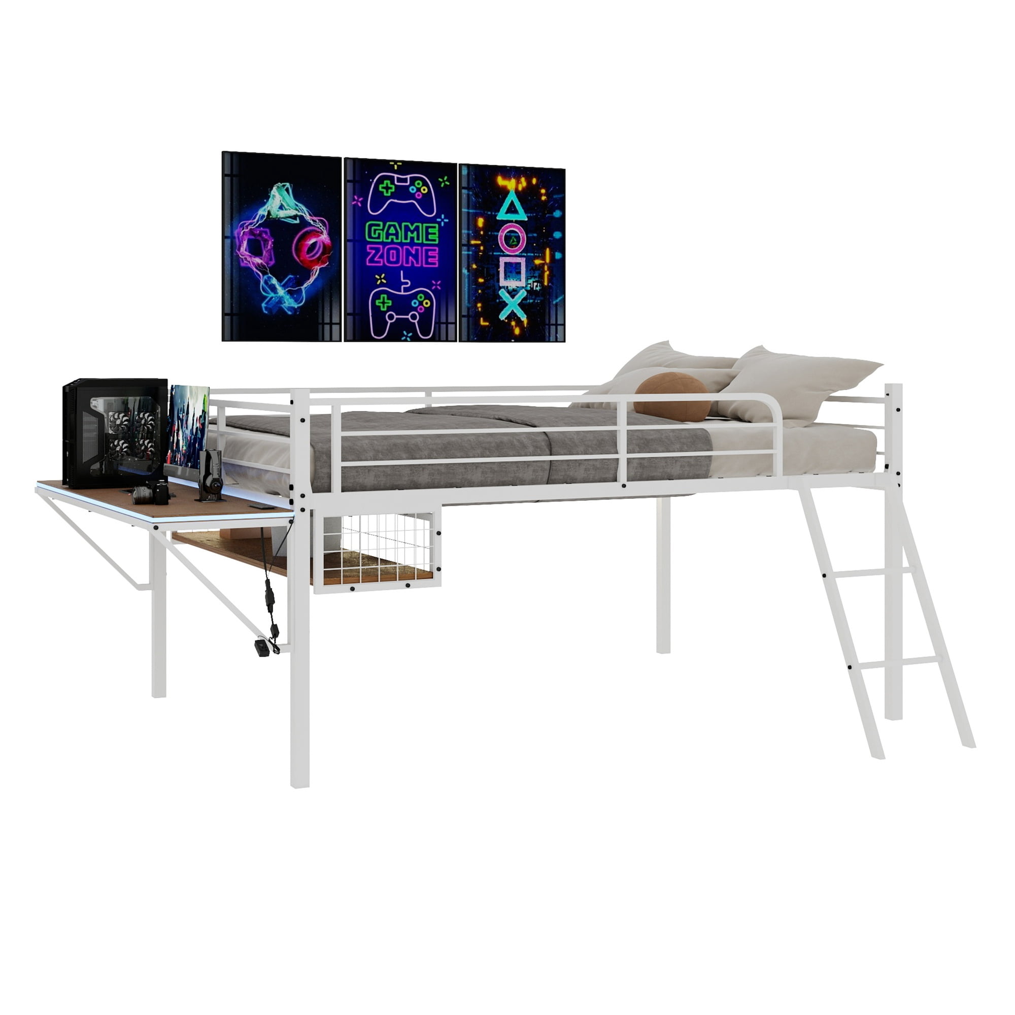 Alvantor Loft Bed Full Size with Desk & LED Strip, Metal Bed Frame with Inclined Ladder for Kids/Teens, No Box Spring Needed White