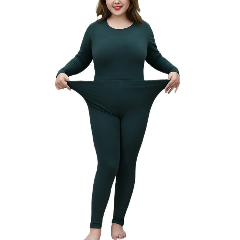 Jusddie Ladies Top And Bottom Suits 2 Pieces Warm Thermal Underwear Solid  Color Base Layer Long Johns Set Sleeve Winter Dark Green 3XL