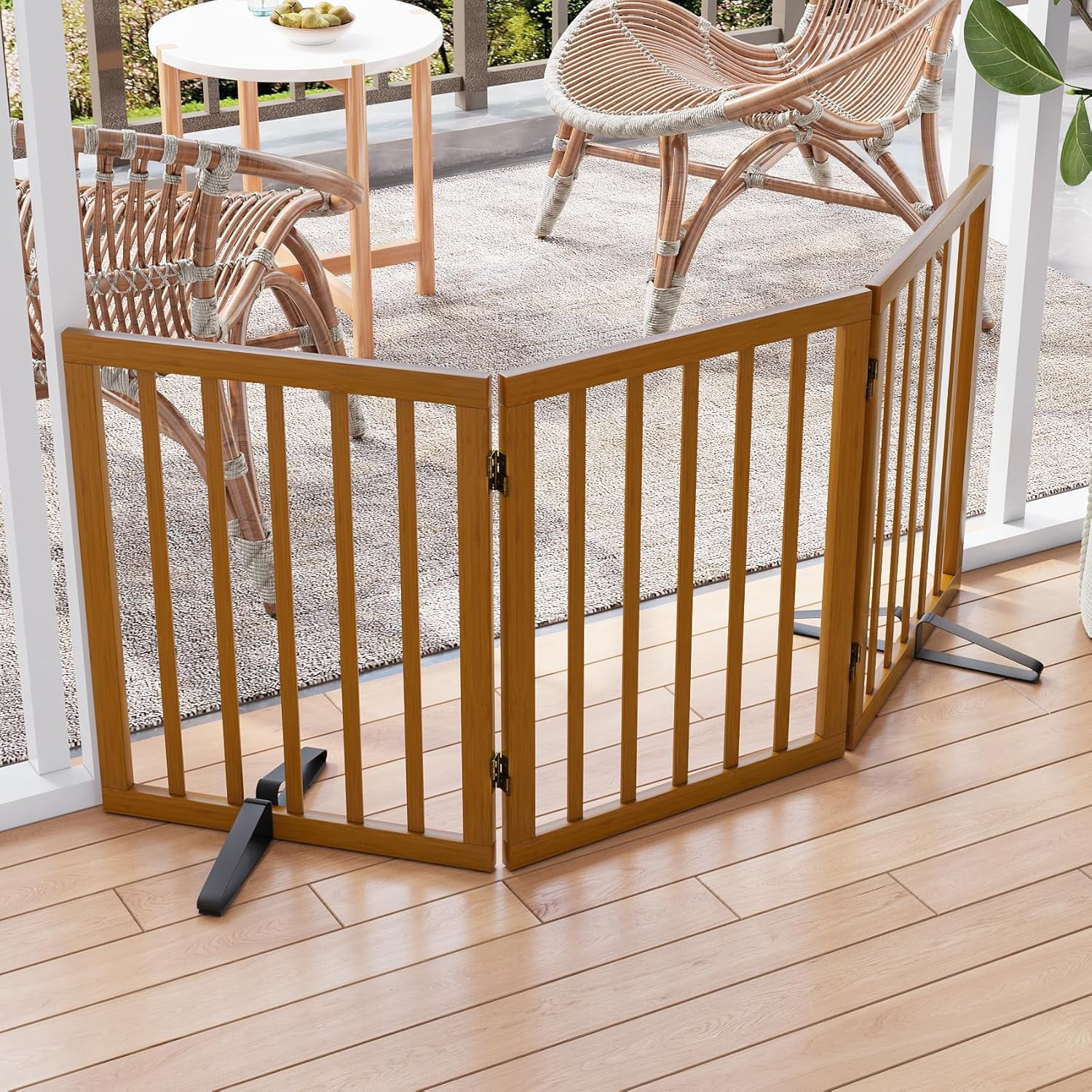 Semiocthome Freestanding Dog Gate 24“Tall, Walnut Foldable Dog Gates for Doorways Stairs Indoor, Wooden 3 Panels Pet Gates for Dogs with 2 Metals Stands, Fully Assembled Door Gates Fences