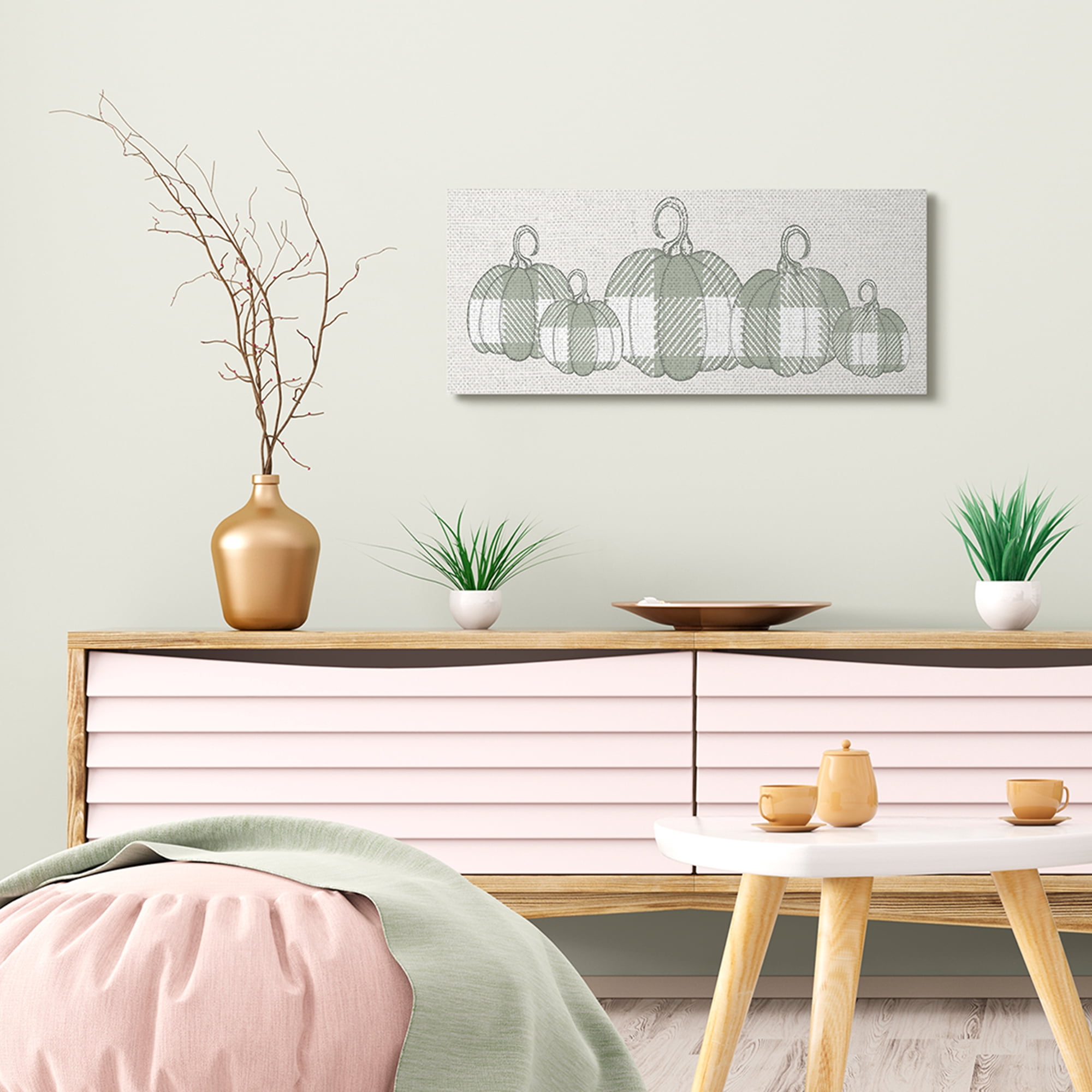 Stupell Industries Green Checker Plaid Autumn Pumpkin Row Landscape Painting Gallery Wrapped Canvas Art Print Wall Art, 13 x 30