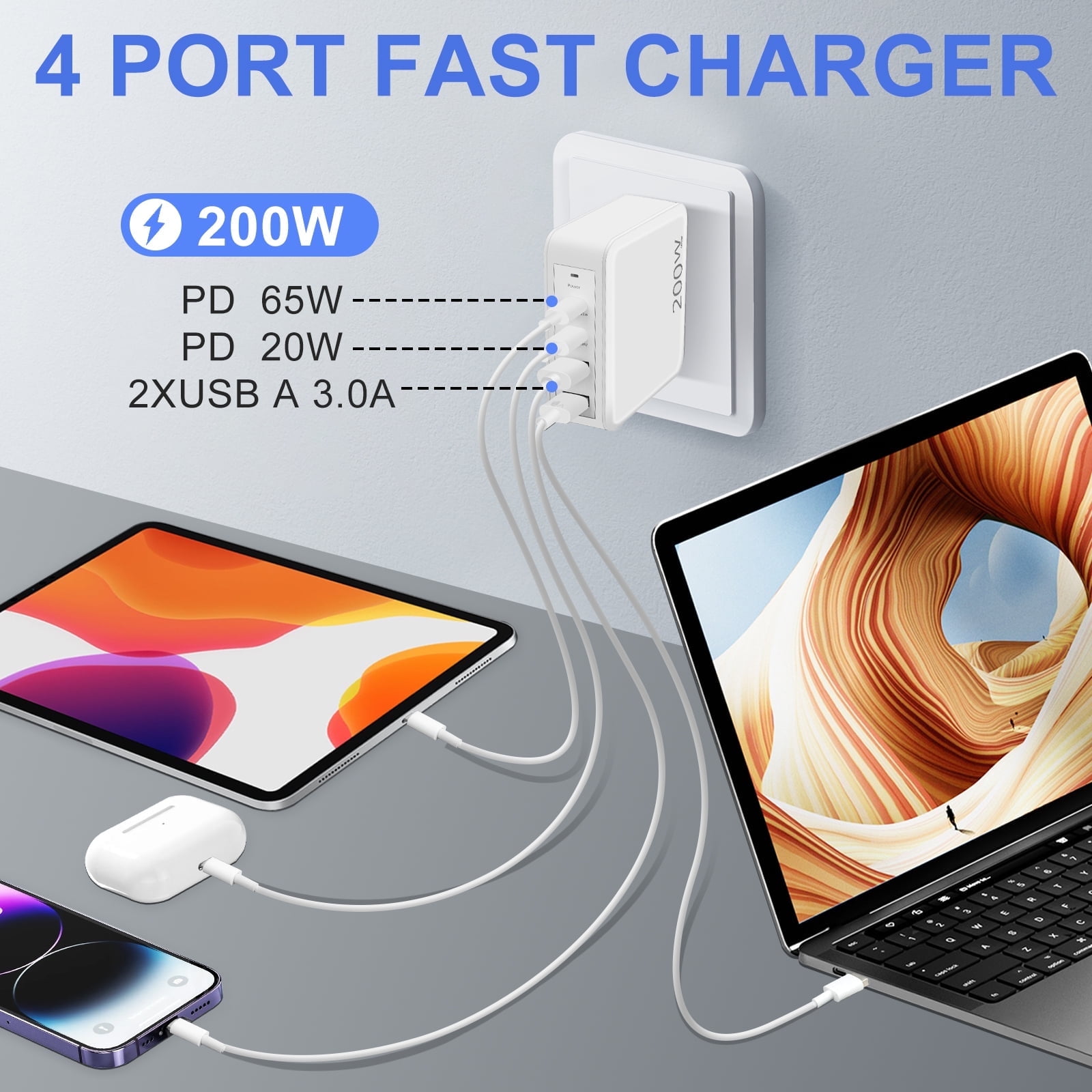 200W USB C Wall Fast Charger Block, Type C Charger Fast Charging Blocks PD Power Charger Adapter Multiport Charger