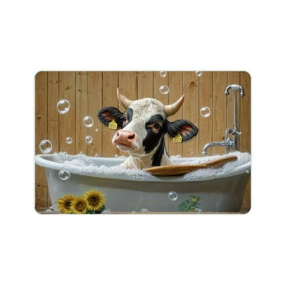 FCXZI Rustic Bath Mat, Happy and Funny Cow in Bubbly Bathtub in a Barn Cottagecore Farmhouse, Plush Bathroom Decor Mat with Non Slip Backing, 24x16in