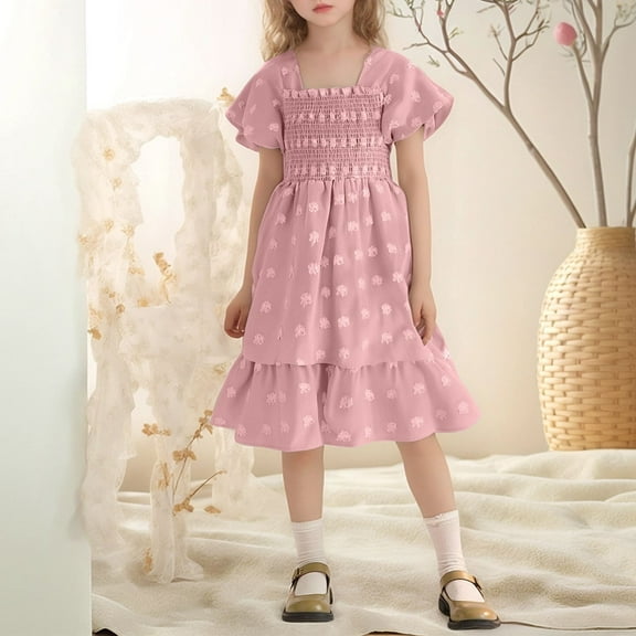Little Girl Dresses Short Sleeve A-Line Tiered Swing Cotton Pink Dress Girls Birthday Dresses For Girls Special Occasion Dress