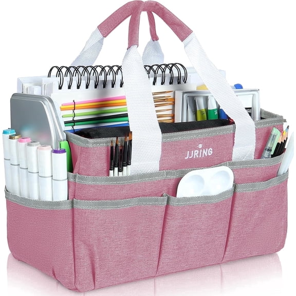 Craft Organizer Tote Bag, Pink Art Storage and Sewing Caddy with Multiple Pockets for Scrapbooking, School, and Office Supplies