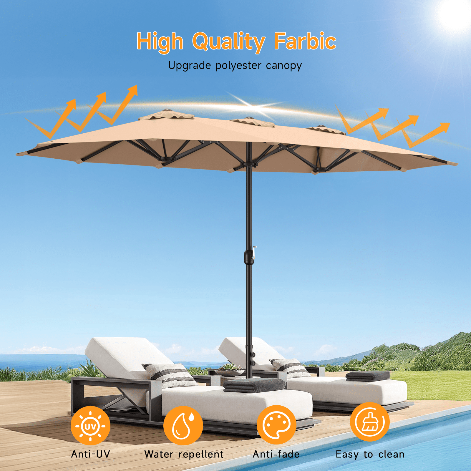 Dovov 15ft Outdoor Patio Umbrella with Base Included, Double Sided Extra Large Outdoor Market Umbrella Rectangular Table Umbrellas with Crank Handle for Outside Pool Lawn Garden, Beige