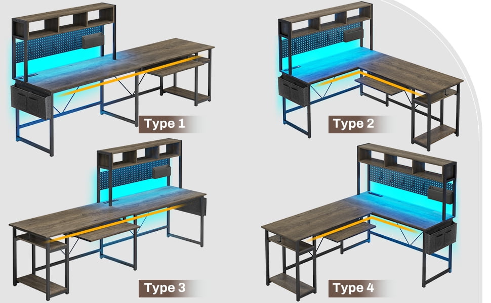 Reversible Gaming Desk with LED Lights & Power Strips, L-Shaped Computer Desk with Storage Shelves & Pegboard for Home Office, Dark Gray