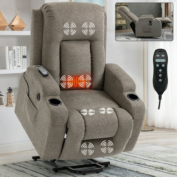 Newest Infinite Position Single Motor,Power Lift Recliner Chair, Heavy Duty Motion Mechanism with 8-Point Vibration Massage , Lumbar Heating, USB Charging Port, Cup Holders, Brown