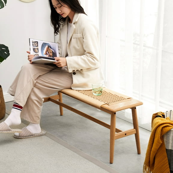 Versatile Oak Wood Bench For A Stylish Living Space 100% Solid With And Supportive Woven Seat