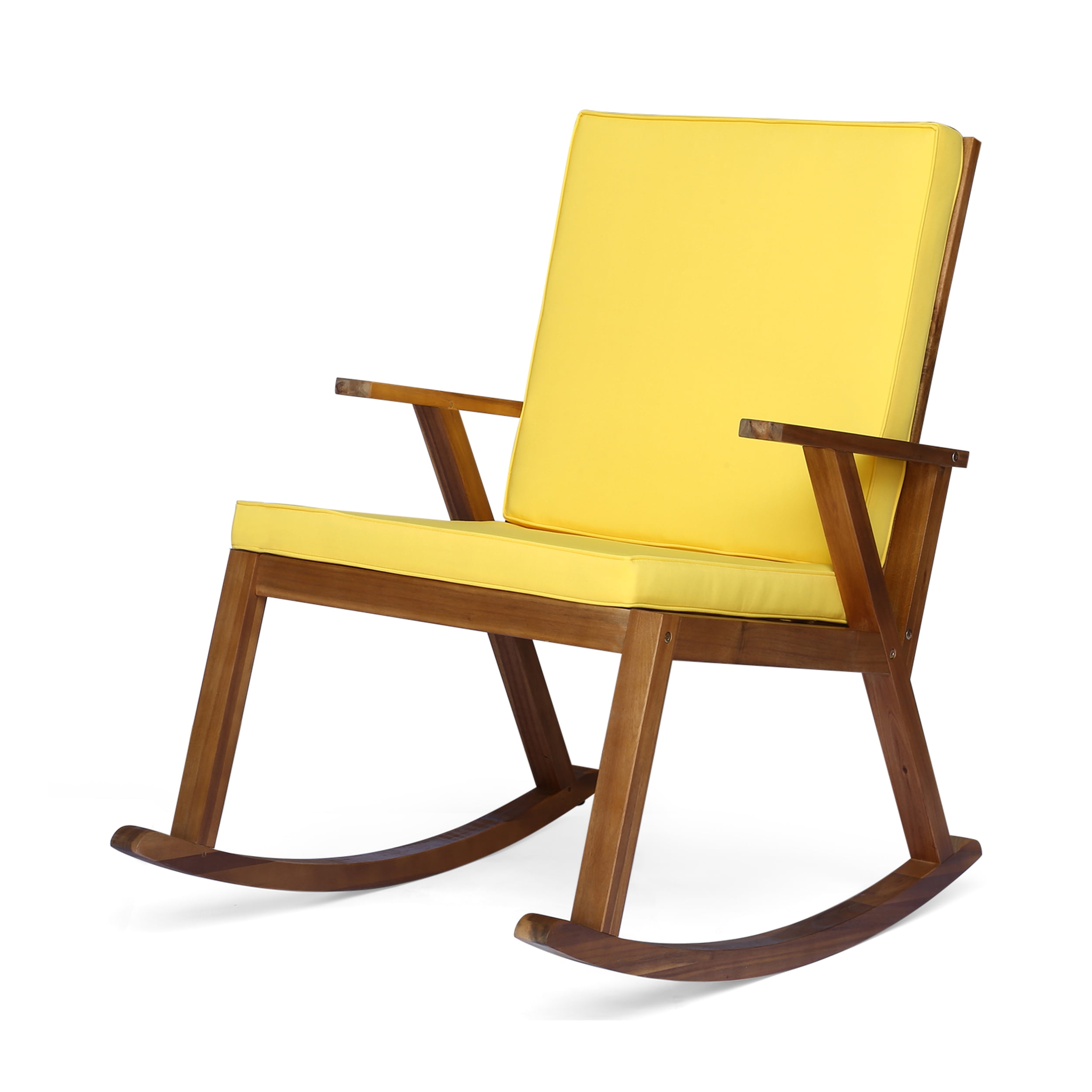Rene Outdoor Acacia Wood Rocking Chair with Water-Resistant Cushions, Teak and Yellow