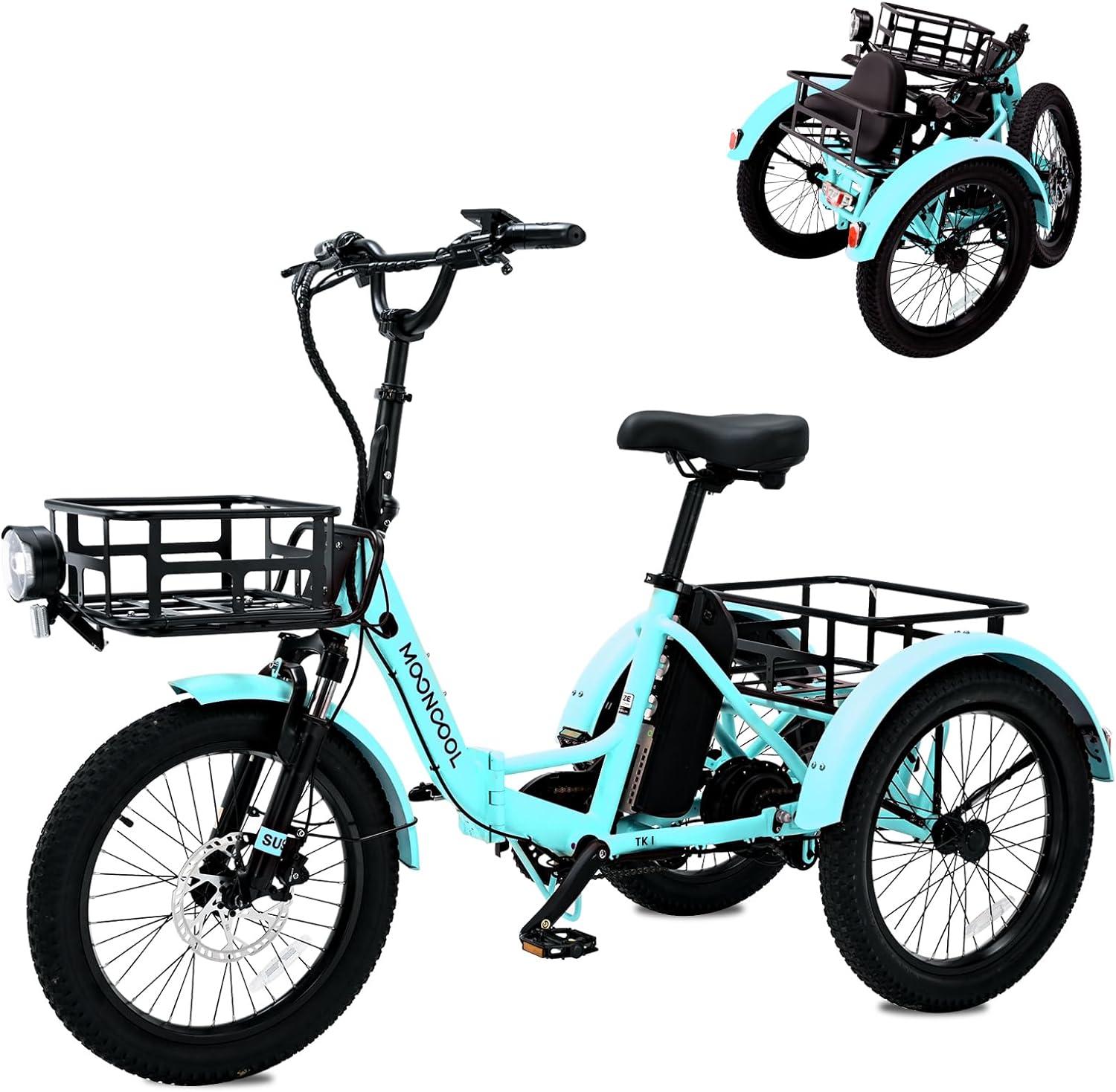 Mooncool 20" x 4" Fat Tire Electric Tricycle for Adults, Electric Trike with Front & Rear Basket, Peak 1100w Motor 48V Removable Battery, 3 Wheel Electric Bicycle for Men Women Senior