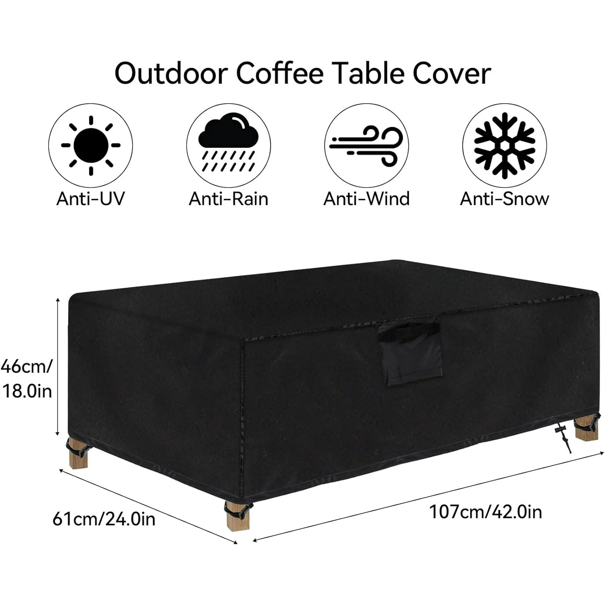 Outdoor Rectangular Coffee Table Cover 42x24x18 Inch Waterproof Windproof Heavy Duty Oxford Patio Furniture Protector Black