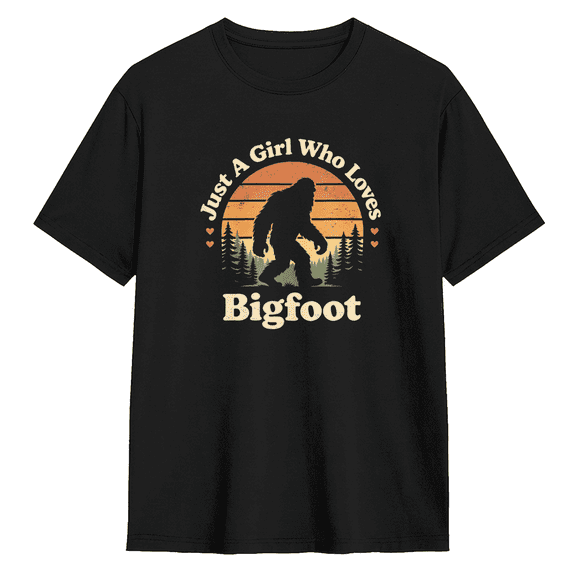 Just Who Loves Bigfoot Sunset Mountain Retro Graphic Tee for Women, Witty Camping Cotton Short Sleeves T-Shirt