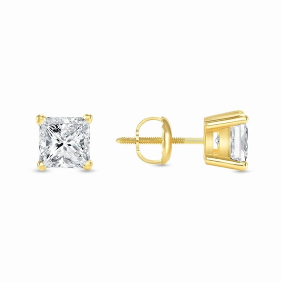 1 Ct Lab Grown Princess Diamond Stud Earrings in Real Yellow Gold, Secure Screw Back Solitaire Earrings for Women, Elegant Fine Jewelry Gift for Wedding, Birthday