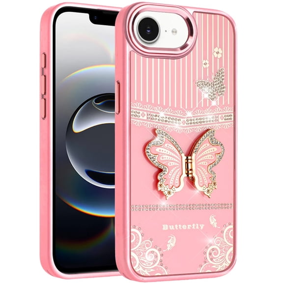 For Apple iPhone 16 E (6.1") Glitter Butterfly Case with 3D Stand Sparkle Hybrid Metallic Edges Protective Phone Cover Slim Fit [Light Pink]