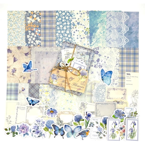 Vintage Floral Scrapbook Paper & Journaling Stickers (100pcs) Assorted Set (Blue) - Junk Journal Supplies for Bullet Journaling, Retro Crafts, Planner, Mixed Media, Collage Card Album