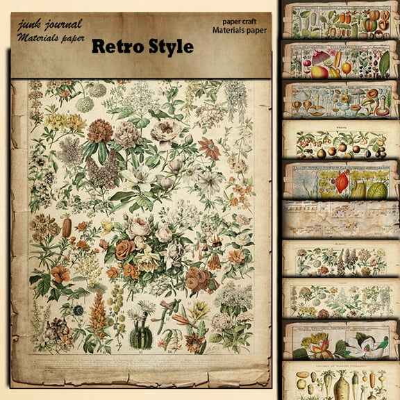 14x18cm Scrapbook Paper, 10 sheets of Vintage Journaling Supplies Craft Kits, Old Plant Book Page Material Paper Handbook Collage Picture Frames Decoration