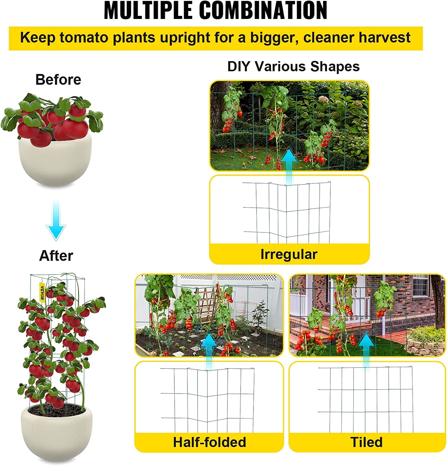 WBTER Tomato Cages, 11.8" x 11.8" x 46.1", 10 Packs Square Plant Support Cages, Green PVC-Coated Steel Tomato Towers for Climbing Vegetables, Plants, Flowers, Fruits