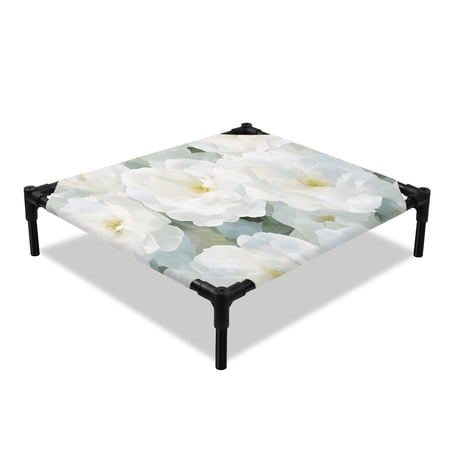 Spring Floral Elevated Dog Bed Retro White Floral Camellia Watercolor Cooling Breathable Outdoor Raised Dog Cot Bed with Metal Frame Non-Slip Feet for Small Dog 20x20in