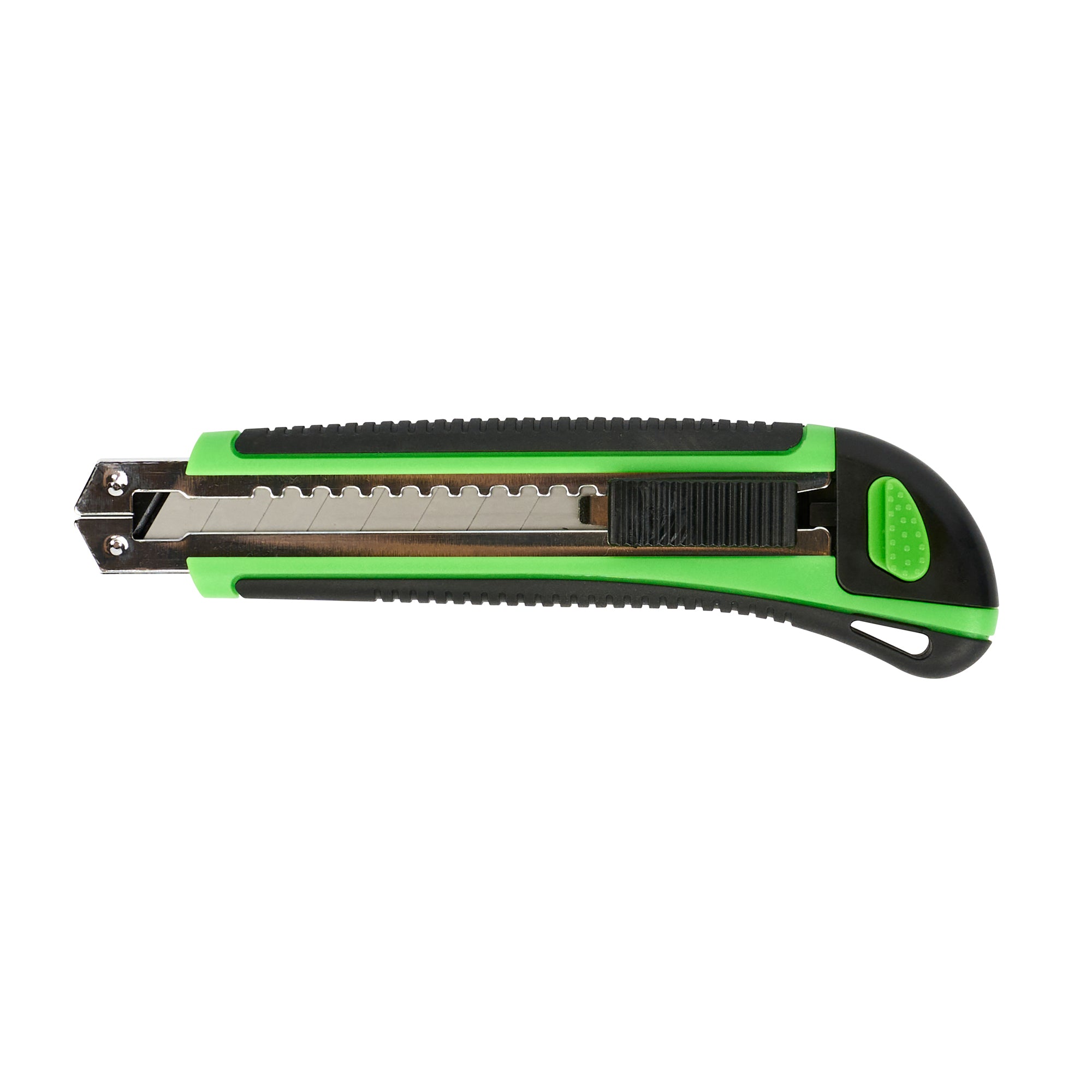 Restaurantware-Handy Tek 6.7 Inch Snap Off Blade Knives, 12 Retractable Box Cutters - Includes 36 Sharp Blades, 18mm Wide, Green Plastic Auto Loading Utility Knives, No-Slip Handle, Built-In Lock