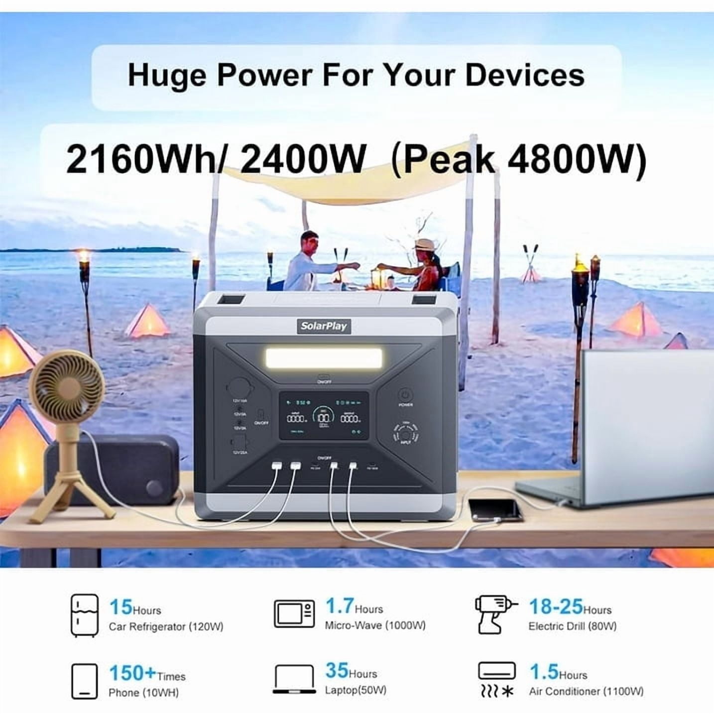 Clearance! Solarplay Portable Power Station Q2501 2400W (Peak 4800W) 2160Wh LiFePO4 Solar Generator with 400W Solar Panels for Camping Home Backup