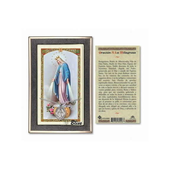 Sterling Silver Virgen Milagrosa on a 18 inch Curb Chain with a Our Lady of Grace - Miraculous Medal Prayer Card