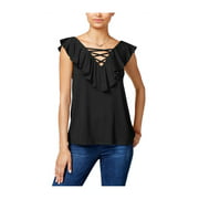 Hippie Rose Womens Lace up Knit Blouse, Black, Small