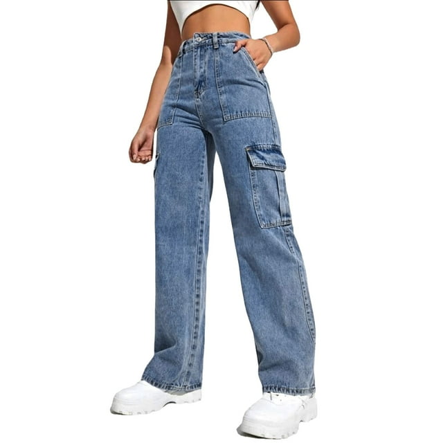 iTNHFP Jeans pour Femmes Poches Jeans Pantalons Décontractés Taille Haute Rue Ample Pantalons Cargo Poches Jeans Pantalons