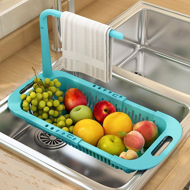 Oleegame 1PC Shower Soap Dish With Hook Adjustable To Fit Any Size Sink Large Capacity Storage Retractable Sink Storage Rack Towel Rack Blue