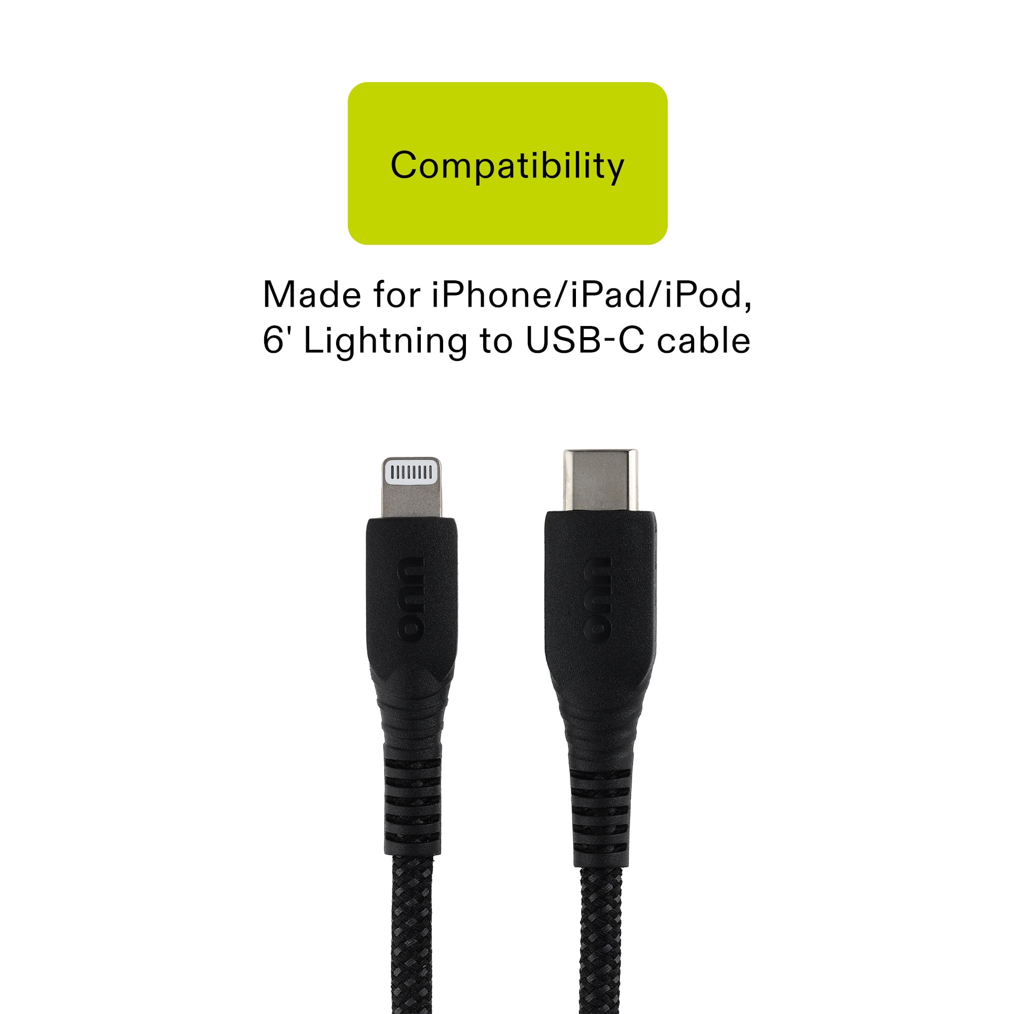 onn 6-Foot Braided Lightning to USB-C Cable, Black
