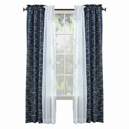 Mainstays 4 Piece Embroidered Curtain Panel Set, 27.5" x 84", Blue