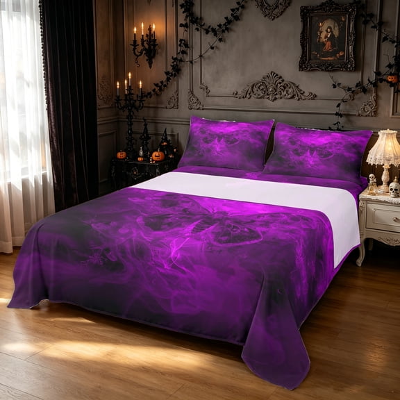 Feelyou Halloween Moth Bed Sheets, Spooky Butterflu Animal Full Size Sheets, Violet Purple, 4-Piece, 1 Flat Sheet, 1 Fitted Sheet and 2 Pillowcases